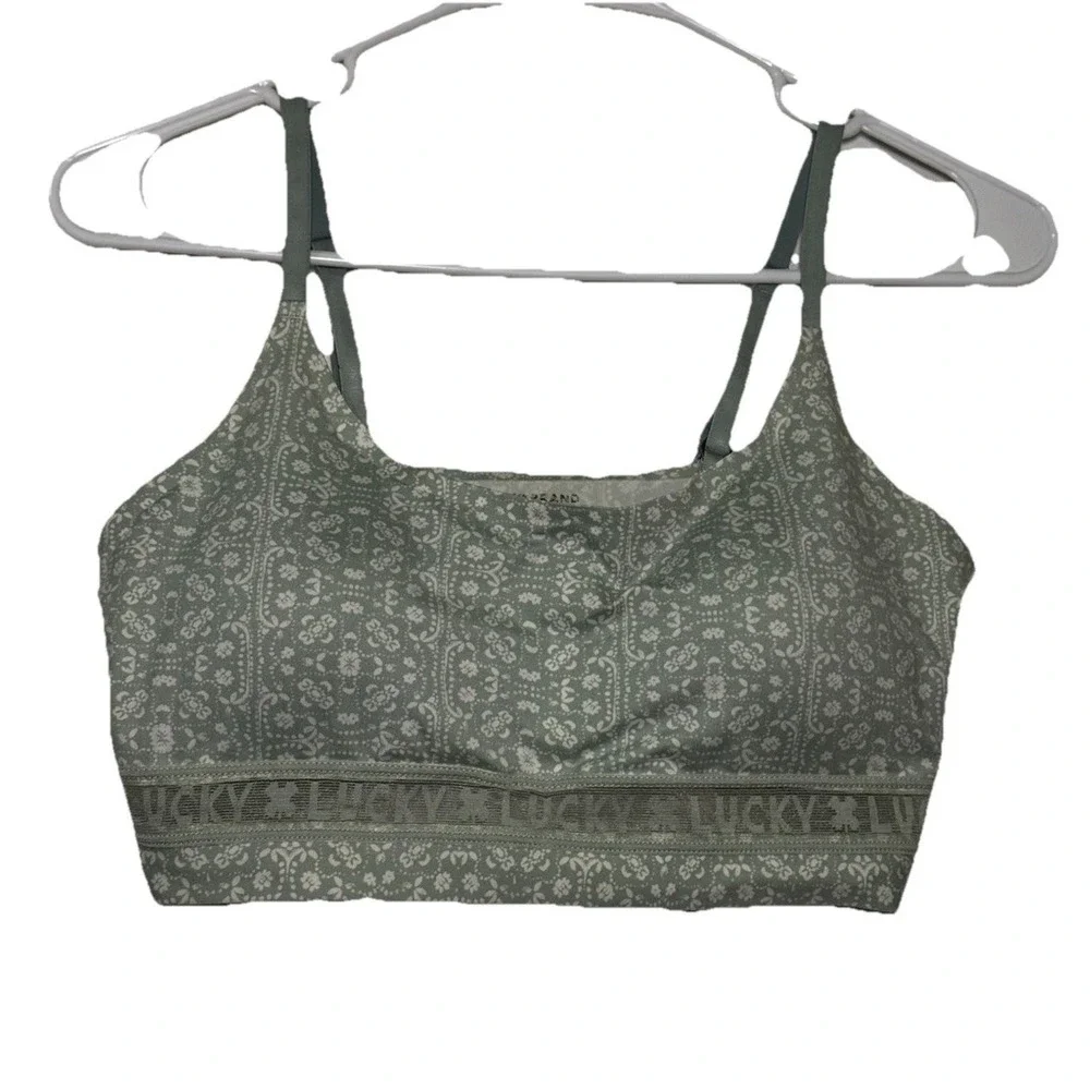Lucky Brand Women's Bralette Large L Green Bandana White Floral Paisley Boho Bra
